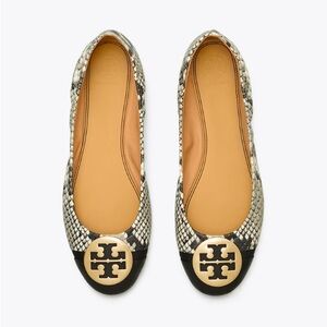 Authentic TORY BURCH Minnie Cap Toe Ballerinas Snake Printed Leather Size 8.5